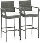 HAPPYGRILL 2 Pack Outdoor Bar Chairs Set, All Weather PE Rattan Bar Stools with Armrests & Seat Cushions, Patio PE Wicker Bar Chairs with 30 Inch Seat Height & 400 LBS Load Capacity for Porch Backyard