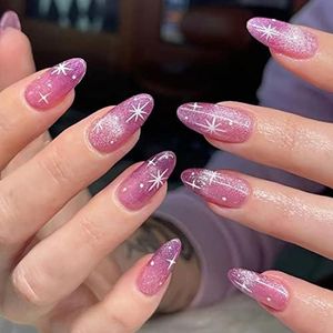 24 PCS Purple Almond False Nails Glitter Bling Press on Nails Medium Glossy False Nails Full Cover Nails Art with Design for Women and Girls Daily Wear