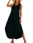 Zilcremo Women Summer Sleeveless Dress Casual V Neck Loose Split Tshirt Long Dresses Black L