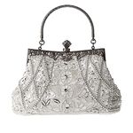 GUOZI Women's Vintage Floral Beaded Clutch Exquisite Handmade Embroidery Wedding Party Prom Bag Fashion Beaded Sequin Crossbody Evening Handbag (A - Silver)