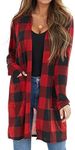 Dressmine Women's Lightweight Long Sleeve Open Front Cardigan Buffalo Plaid Knitted Maxi Sweater Coat Outwear Red Small