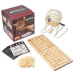 Royal Bingo Supplies Vintage Wooden Bingo Game | 6 Inch Brass Cage with Calling Board, 75 Balls, 150 Bingo Chips, 18 Bingo Cards for Large Group Games