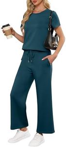 ANRABESS Women 2 Piece Lounge Sets Summer Travel Sweat Outfits Short Sleeve Wide Leg Casual Matching Tracksuits Clothes Lake Green Small