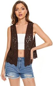 CMajorHan Womens Floral Crochet Lace Trim Sleeveless Open Front Vest Cardigan, Coffee, Large