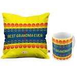 Indigifts IA Best Grandma Ever Decorative Coffee Mug and Cushion Cover 12x12 with Filler - Yellow - House Warming Gift for Grand Mother on her Birthday Anniversary Grand Parents Mothers Day Home Decor