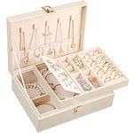 Voova Jewellery Box Organiser for Women Girls,2 Layers,Removal Tray,PU Leather Large Jewelry Storage Case with Necklace Hangers Removable Compartment for Necklace Earrings Rings Bracelets, Apricot