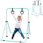 HOMCOM Kids Gymnastics Bar, Horizontal Bar for Kids, Adjustable Height Folding Gymnastics Equipment with Gymnastic Rings, Non-slip Rubber Floor Rings, for Home, Flat, Green