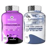 Naturyz Triple Strength Omega 3 Fish Oil 2500mg with Highest Strength (EPA 1200mg DHA 800mg) & Imported Icelandic COD Liver Oil Combo Pack for Immunity Skin Eye Muscle Joint Health