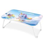 Amazon Brand - Jam & Honey Foldable Laptop Table 4+ Years with Cup Holder & Tablet Stand, BIS Certified, Ergonomic Bed Desk with Ludo Game, Portable Study Table, Cute Unicorn Design, Blue