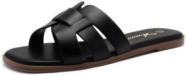 Athlefit Women's Black Flat Sandals Fashion Square Open Toe Dressy Summer Slip On Leather Slide Sandals Size 9.5