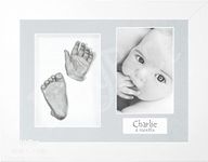 BabyRice Baby Casting Kit with White 12x9 Shadow Box Display Frame, Silver Paint for Hand, Foot Casts (Light Grey/White)