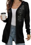 GRECERELLE Women's Casual Lightweight Cardigan Long Sleeve Open Front Crochet Sweater Sun Protection Cover Ups Black-L