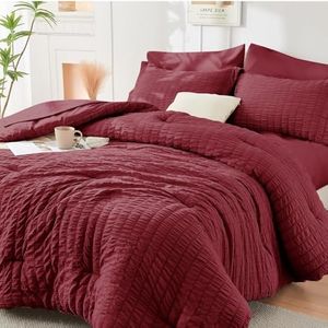 HYMOKEGE Burgundy Oversized King Comforter Set Seersucker 7 Pieces, All Season Luxury Bed in a Bag for Bedroom, Bedding Set with Comforter, Sheets, Pillowcases & Shams