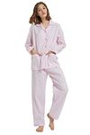 GLOBAL Womens Pyjama Sets 100% Cotton Ladies PJs Button Front Top and Drawstring Bottoms Soft Pink Stripes, L