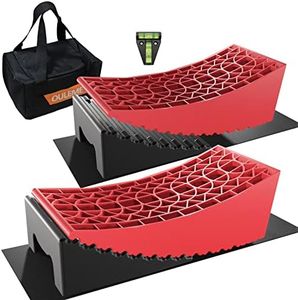 OULEME RV Leveler, Camper Leveling Blocks 2 Packs for Dual Axle Tandem Wheel Travel Trailer Motorhome, Include 2 Curved Leveler Ramp, 2 Chock, 2 Rubber Mat, 1 T Bubble Level, 1 Carry Bag