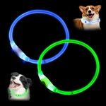 2 Pack LED Dog Collars, 27.5 in Cuttable USB Rechargeable Lighting Glowing Pet Collar for Night and Safety Light up Collar for Small Medium Large Cats Dogs (Green, Blue)