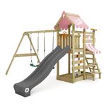 WICKEY Wooden climbing frame VanillaFlyer with swing set & slide, Outdoor kids playhouse with sandpit, climbing ladder & play-accessories for the garden - pink pastel
