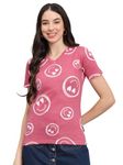 THE DRY STATE Womens Baisc Fit Hlaf Sleeves Rose Bud Colour V- Neck Smiley All Over Printed Tshirt