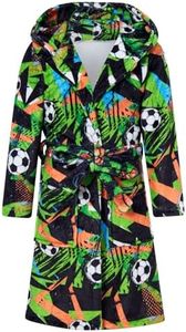 uideazone Kids Bathrobes Size 13-14 Green Black Soccer Bathrobe Fleece Hooded Bath Robe Soft Warm Sleepwear