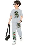 MODARUE Anime Co-ord Set For Kids- One Piece Zoro Oversized Tshirt and Track Pants Jogger Combo for Boys Melange White 8-9 Years