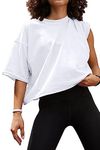 BLMFAION Oversize Workout Crop Tshirt Tops Oversized Casual Basic Loose Fitted Tees T-Shirts (White,Medium)