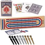 Cribbage Board by Bicycle 3-Track Colour Coded Real Pine Wood Cribbage Game with Deck of Bicycle Cards and Premium Metal Cribbage Pegs