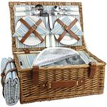 Picnic Basket Willow for 4 Persons | Large Wicker Hamper Set with Big Insulated Cooler Compartment, Free Fleece Blanket with Waterproof Backing and Cutlery Service Kit