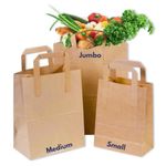Clearly 50 Brown Kraft Paper Bags with Handles | 10x8.5x4 Medium | 70 GSM -Thickness | SOS Takeaway Lunch Grocery Gift | Take Away Bags for Shopping Store Bakery Restaurants