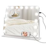 HOMCOM Hollywood Vanity Mirror with Lights, Large 63x50 cm Lighted Makeup Mirror with 3 Colour, 14 LED Bulbs, 10X Magnifying, USB Charging Port, Phone Holder, 360° Rotation, Touch Screen