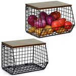 Wetheny 2pcs Fruit Basket Onion Storage Wire Basket with Wood Top- Wall Mounted & Stackable Kitchen Counter Organizer,Cabinet Organizer Bin for Potato,Produce,Bread,Snack Storage(Matte Black)