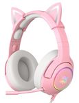 PHNIXGAM Gaming Headset for PS4, PS5, Xbox One Series X/S(No Adapter), PC, Laptop, 3.5mm Cat Ear Headphones with Retractable and Noise Cancelling Microphone, RGB Backlight and Surround Sound (Pink)