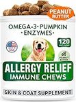 BARK&SPARK Allergy Relief Dog Treats - Omega 3 + Pumpkin + Enzymes - Itchy Skin Aid - Seasonal Allergies - Anti-Itch & Hot Spots - Immune Supplement - Made in USA - Peanut Butter Flavor Chews