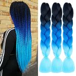 Ombre Braiding Hair Crochet Braids RuiYok 3 Tone Kanekalon Jumbo Braiding Hair 24 Inch Synthetic Hair Extensions for Box Braiding Hair(3 Packs, Black-Dark Blue-Light Blue)