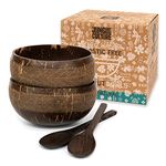 Jungle Culture® Set of 2 Coconut Bowls & Spoons • Organic Wooden Bowls Polished with Coconut Oil, Reusable Straw & Pouch • Handmade Serving Bowls for Food Acai Smoothies & Salad • Eco Friendly Gift