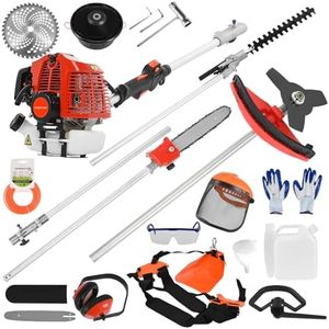 tinysiry 52cc Petrol 5 in 1 Garden Multi Tool,Petrol Hedge Trimmer Brush Cutter,Powerful Gas String Trimmer with Extension Pole for Garden Red