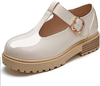 Coutgo Girls Mary Jane Dress Shoes Platform Loafers School Uniform Chunky Heel Closed Toe T-Strap Flats Beige