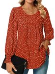 Bestbee Womens Long Sleeve Tunic Tops Dressy Chiffon Blouses Crew-Neck Smocked Cuffs Sleeve Shirts Casual T-Shirts Ladies Pleated Tops, Polka Dots Red, 2XL