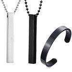 Fashion Frill Mens Jewellery 3D Cuboid Vertical Bar/Stick Stainless Steel Black Kada For Men Silver Pendant Necklace For Boys and Men Cuff Bracelet For Boys Jewellery Set Combo of 2