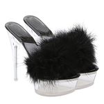 Women Fluffy High Heel Sandal Open Toe Stiletto Womens Platform Sandals Stiletto Party Dress High Heel Shoes for Ladies Black