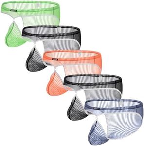 JINSHI Men's See Through Mesh Briefs Sexy Sheer Underwear with Contoured Bulge Pouch Stretch Low Rise Ultra Breathable Underpants (Grey/Green/Orange/Black 5-Pack,Small)