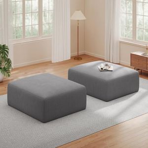 40" Square Stuffed Ottoman Pouf for Sofa Couch, Corduroy Poufs with Foam Chunk Filling, Furry & Fluffy Pouf Footstool Movable Ottoman. 40 * 31 Floor Poufs Foot Rest for Living Room, Grey(2 Piece Set)