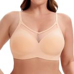 HBselect Wireless Push Up Bra for Women, Full Coverage Seamless Bras with Sheer Mesh, Removeble Padded and Adjustable Straps, Beige Lace Bralette