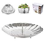 BangShou Steaming Basket for Cooking, Stainless Steel Vegetable Steamer for Saucepan, Metal Collapsible Pan Steamer Insert for Food, Small Folding Veg Petal Steamer with Handle (9'')