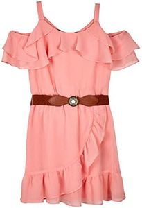 Amy Byer Girls' Cold-Shoulder Ruffle Front Dress, Apricot, 7