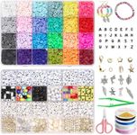 FEMBW 7048 Pcs Clay Beads Bracelet Making Kit with Letter & Smiley Face Beads and Pendant Charms 24 Colors Flat Round Polymer Clay Beads for Necklace Earring Jewelry DIY Craft