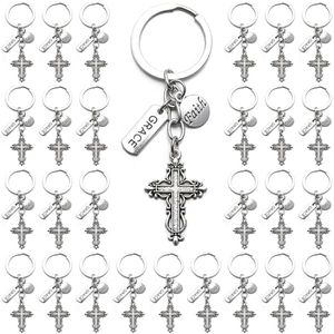 PHAETON 20PCS Cross Key Chains Jesus Cross Faith and Grace Pendants Keyrings Religious Door Car Key Holders Jesus Key Rings Religious Favors for Christians Easter Prayer Gifts, Silver, 标准