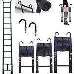 3.2M Telescopic Ladder with hooks, 10.5FT Black Multi-Purpose Folding Aluminium Telescoping Ladder Foldable Ladder Extension Ladder Extendable Portable Loft Ladder Lightweight, 330lb Capacity, EN131