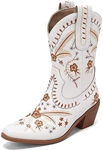 MRKEWUNEY Classique Bottes Cowboy pour Femme Bout Pointu Bottes Cowgirl Talons Bas Western Bottines Pull on Country Western Chaussures White Size 40