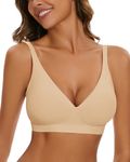 WOWENY Padded Non Wired Bras V Neck Bralette Seamless Invisible Comfy Soft Bustier Everyday Bra for Women(Nude, XXL)