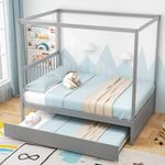KOMFOTT Wood Canopy Bed with Trundle, Full Size Kids Solid Wood Platform Bed Frame with Headboard, Modern Space Saving Full Bed with Twin Trundle Bed, No Box Spring Needed, Easy Assembly (Grey)